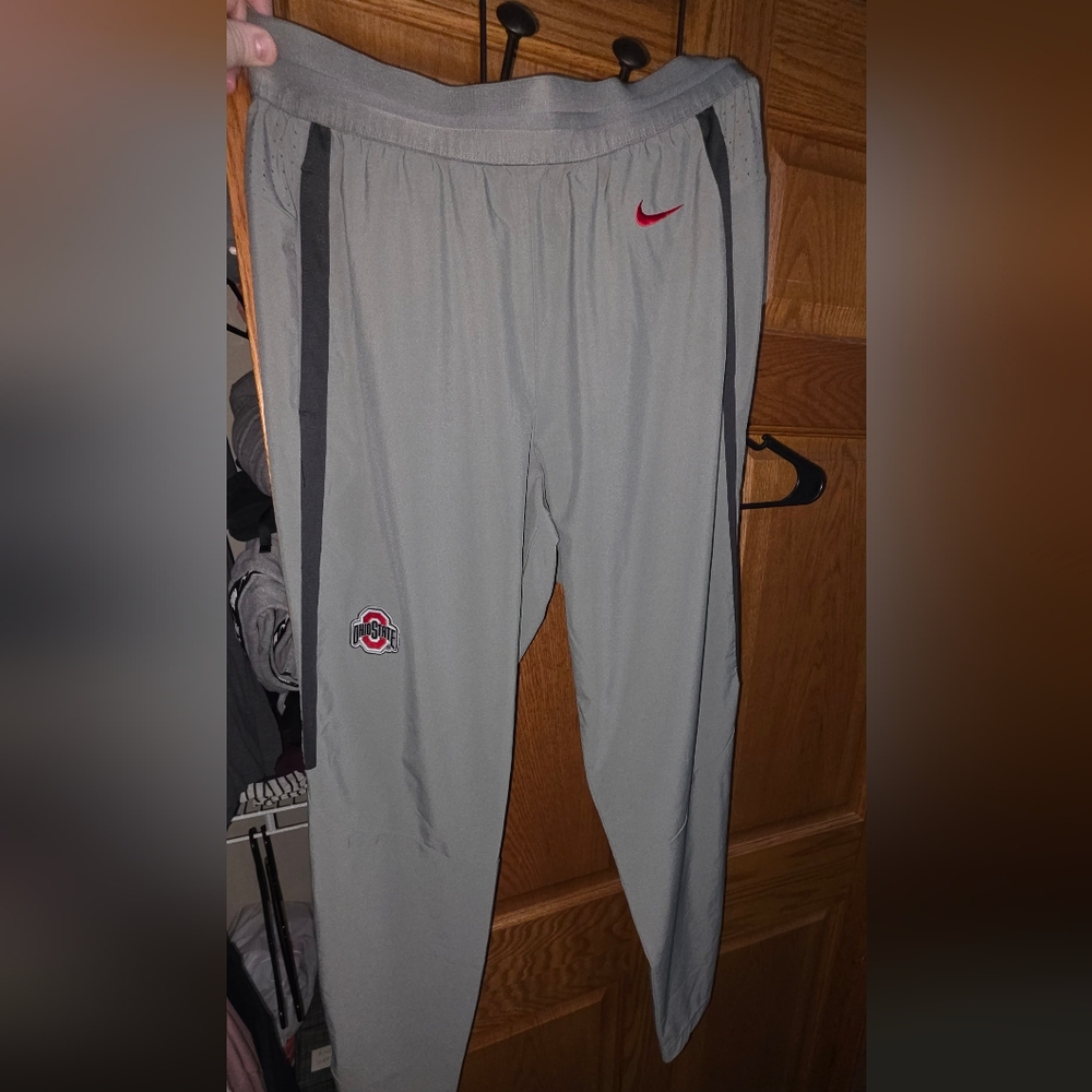 Nike Gray and Dark Gray Track Pants with Red Swoosh